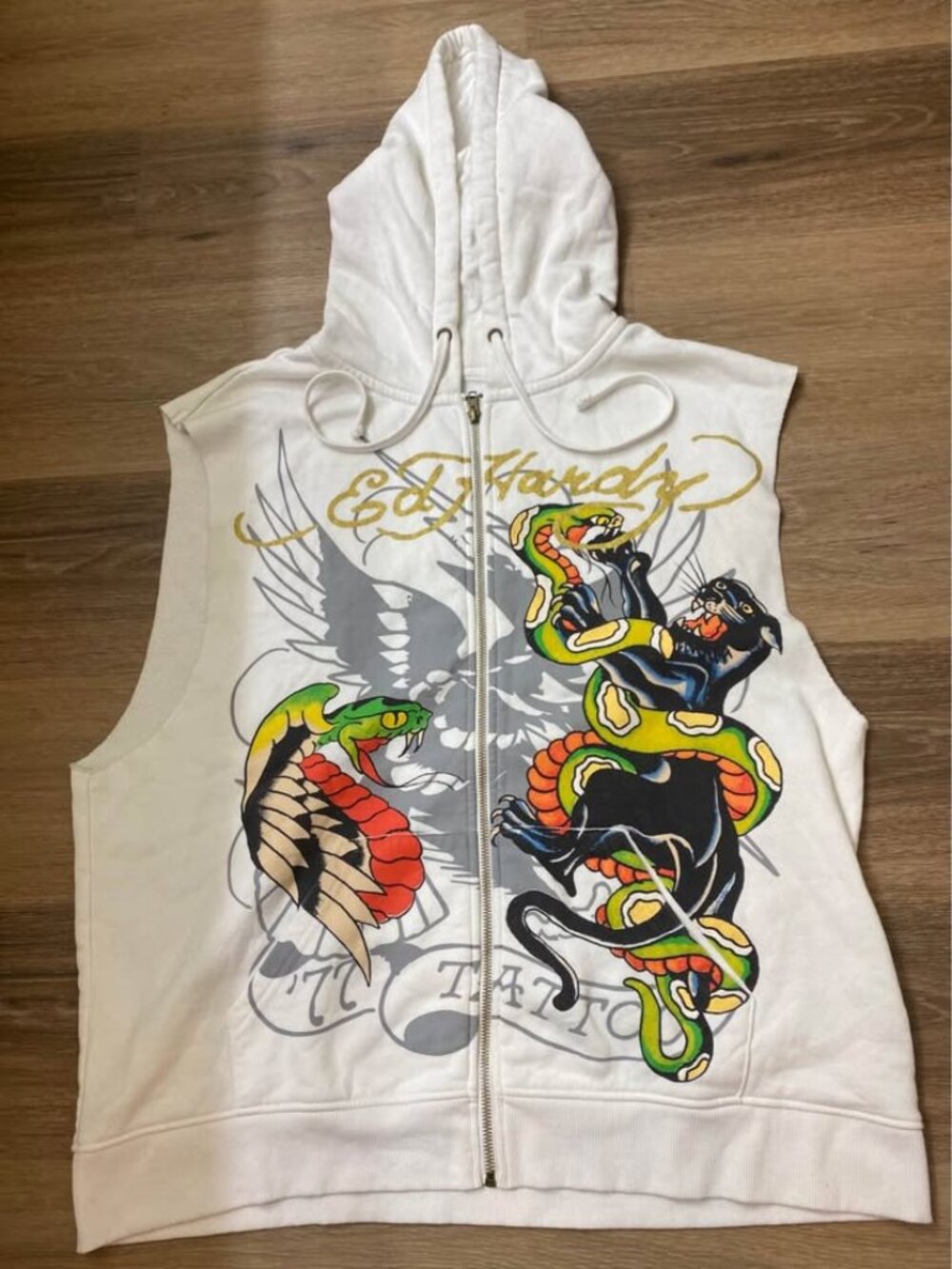 Ed Hardy Panther Snake Battle Sleeveless Zip-Up Hoodie Vest XL
